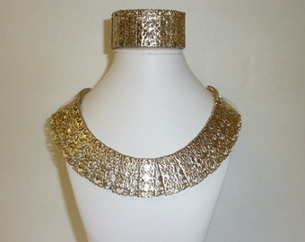 Vintage SARAH COVENTRY Chantilly Lace Necklace and Bracelet Set Egyptian Revival Gold Tone Filigree Collar Wide Cuff