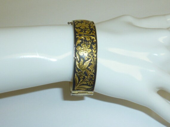 Vintage DAMASCENE Bracelet Black and Gold Ornate … - image 2