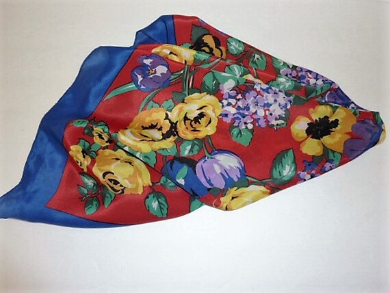 Vintage Large Square Silk Floral Scarf Blue Red Y… - image 4