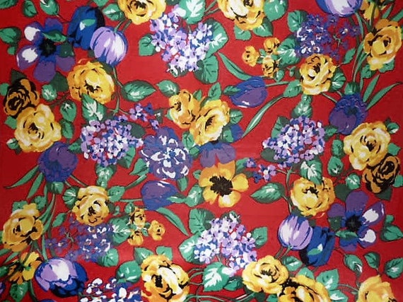 Vintage Large Square Silk Floral Scarf Blue Red Y… - image 1