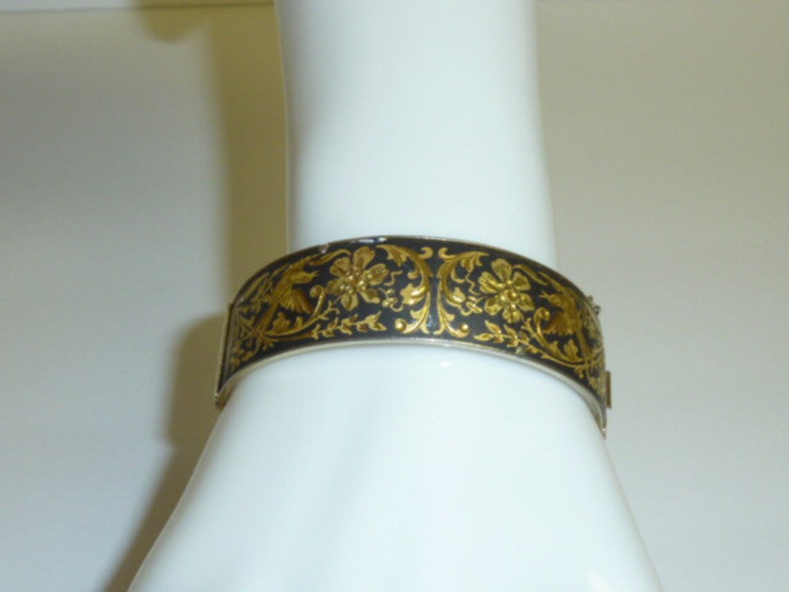 Vintage DAMASCENE Bracelet Black and Gold Ornate Bird and Etsy
