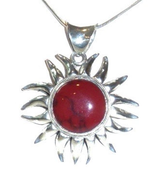 Vintage Sterling Silver Jasper Sun Pendant Red Stone Snake Chain