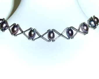 Vintage Tahitian Black Pearl Sterling Silver Chocker Necklace