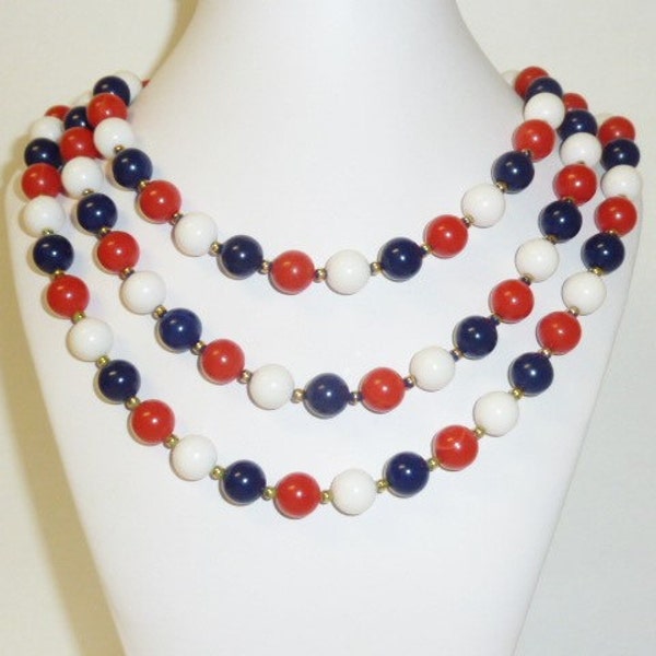 Vintage Red White Blue Milk Glass Bead Necklace Extra Long Chain Mid Century Patriotic Americana Jewelry