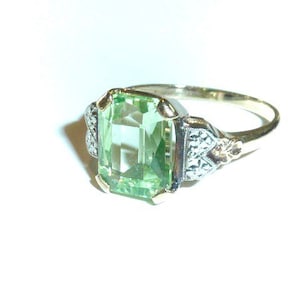 Vintage Prasiolite Green Amethyst Ring 14 K Yellow Gold Emerald Cut Pale Green Gemstone Art Deco Vintage Star Co Jewelers Size 7.25