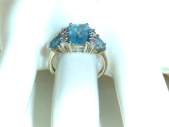 Vintage Blue Topaz 10 K Gold Ring Emerald Cut Gem… - image 8