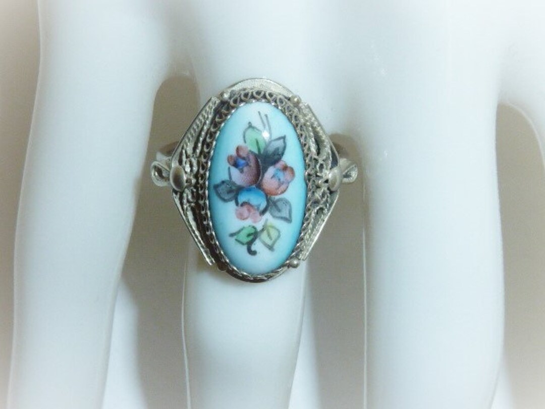 Vintage Russian Enamel Ring Rostov Finift Silver Blue Flower Cabochon ...