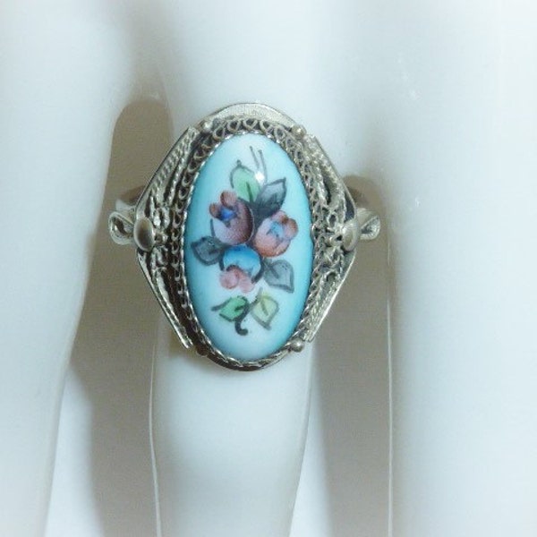 Vintage Russian Enamel Ring Rostov Finift Silver Blue Flower Cabochon Ring