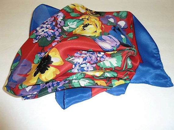 Vintage Large Square Silk Floral Scarf Blue Red Y… - image 5