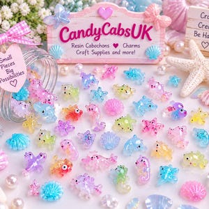 May include: A collection of colorful resin cabochons in shapes of sea creatures, shells, and stars, spilling from a glass jar with a pink gingham bow and a tag reading Small Pieces Big Possibilities, alongside a sign labeled CandyCabsUK.