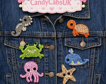 6 Pieces Small Ocean Themed Sew On Rhinestone Patches Octopus Starfish Seahorse Dolphin Crab Turtle