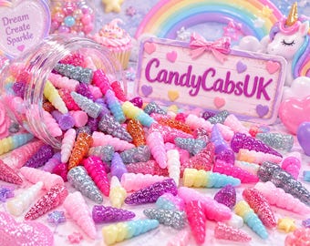 10 Pcs Mixed Unicorn Horns Neon & Pastels Resin Flatback 3D 10mm x 25mm