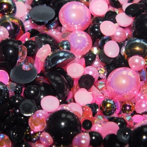 Betty Boo Black & Hot Pink 500pcs Mixed Acrylic Resin Faux Half Pearls Rhinestone Gems AB DIY