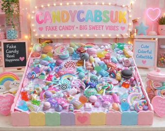 May include: A display of colorful fake candies, lollipops, and sweets arranged in a pink tray. The display includes a sign that says "CANDYCABSUK" and "Fake Candy Big Sweet Vibes". Other signs say "Fake Candy Real Happiness", "Cute Colorful Collectible", and "Collect Create Smile".