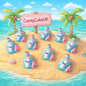 May include: A colourful illustration of a tropical island scene. Several blue bottles with scrolls inside are on the sand. Each bottle has a pink seashell base and a brown stopper. A sign on the island reads "CandyCabsUK".