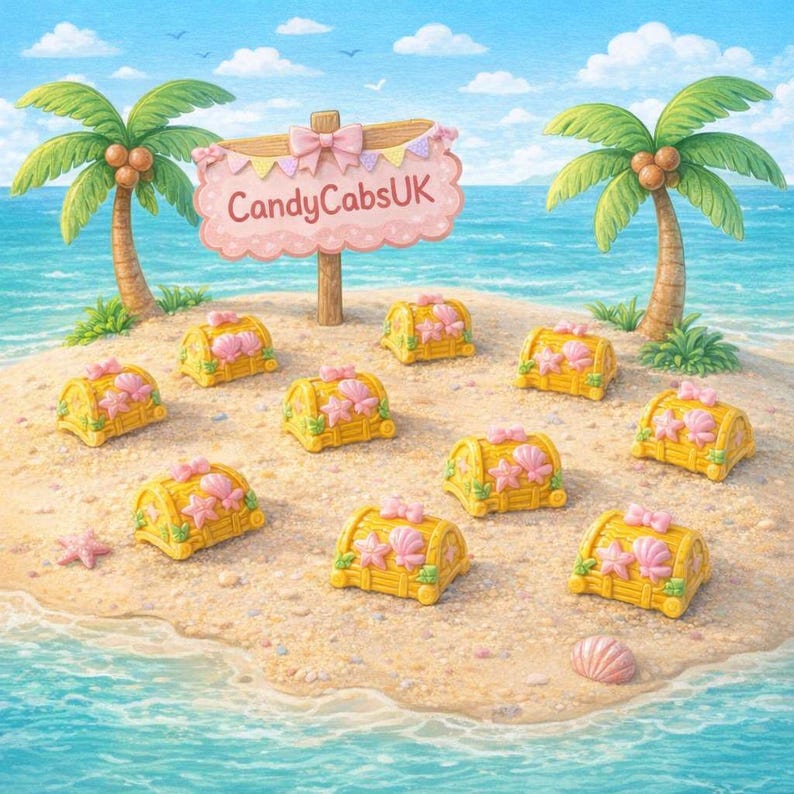 May include: An illustration of a tropical island with palm trees and a sign that reads "CandyCabsUK." Several yellow treasure chests with pink seashell and bow accents are scattered on the sand. The ocean and sky are blue.