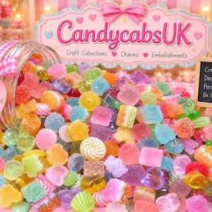 May include: A glass jar tipped over, spilling a large collection of colorful, translucent, and sugar-coated cabochons in various shapes like hearts, squares, and swirls. A sign reads CandycabsUK, and a small chalkboard says Create, Decorate, Personalise.