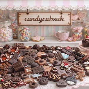 Op de afbeelding: Een display van verschillende chocolade, koekjes en snoep, waaronder cupcakes, marshmallows en kleurrijke snoepjes in glazen potten. Een bord met de tekst "candycabsuk" hangt boven de display. Een roze kopje en een roze mok met stippen zijn ook zichtbaar.