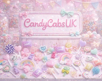 May include: A whimsical display of candies and lollipops in pastel colors. The arrangement includes heart-shaped, spiral, and rainbow-themed sweets, along with jars filled with colorful candies. A sign that reads "CandyCabs UK" is featured in the center.