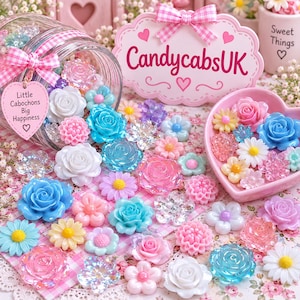 May include: A collection of assorted flower-shaped cabochons in shades of pink, blue, white, and clear, displayed with a glass jar featuring a pink gingham bow and a heart-shaped tag reading Little Cabochons Big Happiness, plus a heart-shaped dish.
