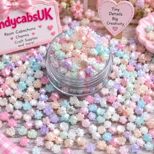 May include: A collection of small, multi-colored flower-shaped resin cabochons in pastel shades of pink, blue, purple, and white. The cabochons are scattered across a surface, with a clear plastic jar filled with more of the same flower pieces.