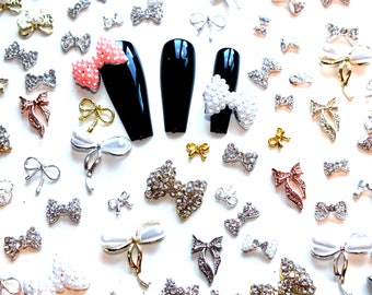 10 Pc Random Mixed Rhinestone Pearl Bows Nail Art Alloy Charms Resin KIT DIY