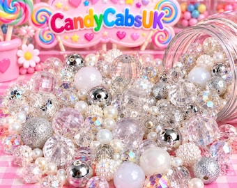 50 Pcs White Christmas Icy Beads Assorted Mix 6mm-20mm Xmas Craft DIY Pen/Bracelet/Keyring Kit