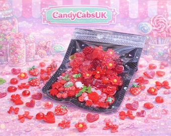 50 Pcs Mixed Tiny Red Bows Flowers Cherry Strawberry Fruit Nail Art Charms Resin Craft DIY