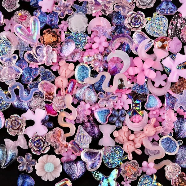 50 Pcs Mixed Tiny Pink Bows Flowers Bear Shells Nail Art Charms Resin Craft DIY