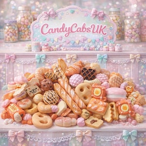 May include: A selection of miniature baked goods and sweets, including croissants, pretzels, and macarons. The sign above reads "CandyCabs UK" in pink script. The color scheme is soft pastel pinks and blues, with decorative bows.
