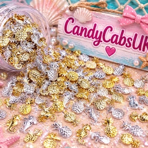 Könnte beinhalten: Eine Sammlung kleiner, metallisch goldener und silberner Anhänger in Form von Ananas und Seepferdchen, die aus einem durchsichtigen Kunststoffglas herausfallen. Ein Holzschild mit dem Text CandyCabsUK und einer rosa Schleife steht dahinter.