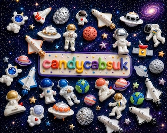 20 Pcs Mixed Space Man Rocket Astronaut Planet Earth Moon Mars Saturn UFO Resin Flatback Charms Cabochon Mixed Decoden UK