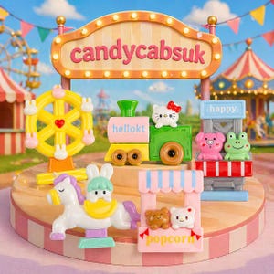 May include: A colorful carnival-themed toy set featuring a Ferris wheel, train, and various animal figures. The sign reads "candycabsuk". The train has "hellokt" printed on it. Other figures include a pig, frog, and a horse. A popcorn stand is also included.