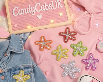6 Pieces Small Ocean Themed Sew On Rhinestone Patches Starfish 35mm