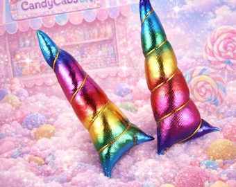 2 Pcs Pair Of Rainbow Fabric Padded Unicorn Horn Medium Size 11cm For Hairbands Crafts Cakes DIY