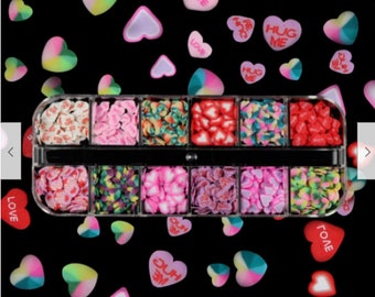 VALENTINES Hearts LOVEHEARTS Nail Art Polymer Clay Slices 12 Grids Storage Box