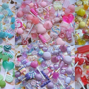 May include: Assortment of colorful candy charms and lollipops on sticks. The charms are in various shapes, including hearts, swirls, and stars. The lollipops are in a variety of colors, including pink, blue, green, purple, and yellow.