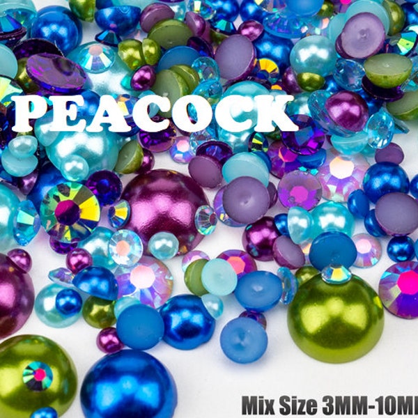 Paon Bleu Violet Vert 500pcs Résine Acrylique Mixte Faux Demi Perles Strass Pierres Précieuses AB DIY