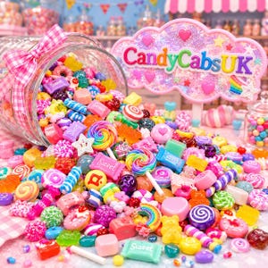May include: A clear glass jar tipped on its side, spilling a colourful assortment of miniature plastic candy charms including lollipops, gummy bears, doughnuts, and wrapped sweets. A pink gingham bow adorns the jar, and a glittery sign reads CandyCabsUK.
