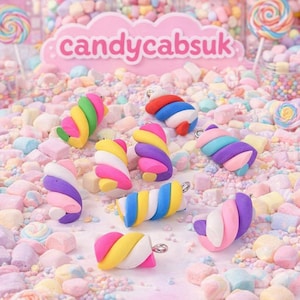 10 Pcs Mixed Handmade Polymer Clay Swirl Flump Sweets Candy Charms With Loop/Hook Fake Marshmallow For Jewelery Craft DIY 17mm