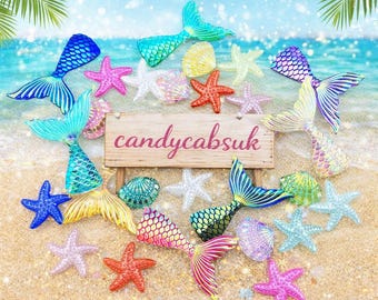 30 Pcs Kit Seaside Mermaid Tails Starfish Shells Irridecent Acrylic resin Flatback Craft Shapes