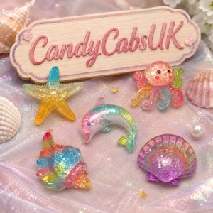 Può includere: Una collezione di creature marine colorate e glitterate in resina, tra cui una stella marina, un delfino, un polpo, una conchiglia e una conchiglia. Il cartello sopra recita "Candy Cabs UK". Gli oggetti sono su una superficie rosa e scintillante.