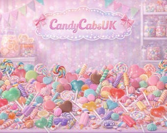 May include: A colorful assortment of candies, lollipops, and sweets in various shapes and sizes. The image features a sign that reads "CandyCabsUK" in a whimsical font, with a pastel pink and purple color scheme. Jars of candy are visible in the background.