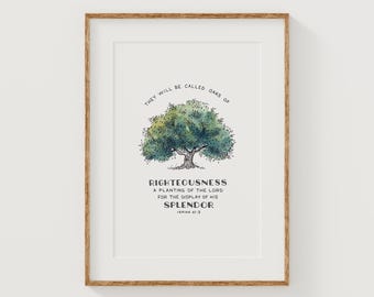 Isaiah 61:3 Oak of Righteousness Watercolor Art Print – Christian Bible Verse Wall Decor