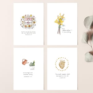 May include: Set of four printable art prints with watercolor illustrations and inspirational quotes. The prints feature a house with flowers, a bouquet of yellow flowers, a potted plant with a watering can, and a heart with a gold halo. The quotes are "As for me and my house, we will serve the Lord", "Give thanks in everything", "Encourage one another daily", and "The mouth speaks what the heart is full of".