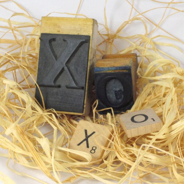 Old Vintage Wooden XO Stamps and XO Scrabble Pieces