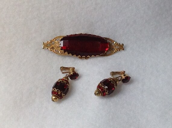 Miriam Haskell Red Brooch and Earrings