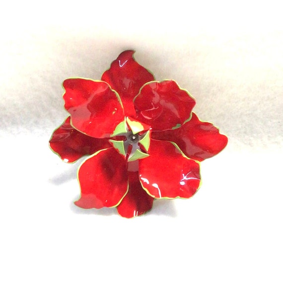 Large Red Metal Flower Brooch