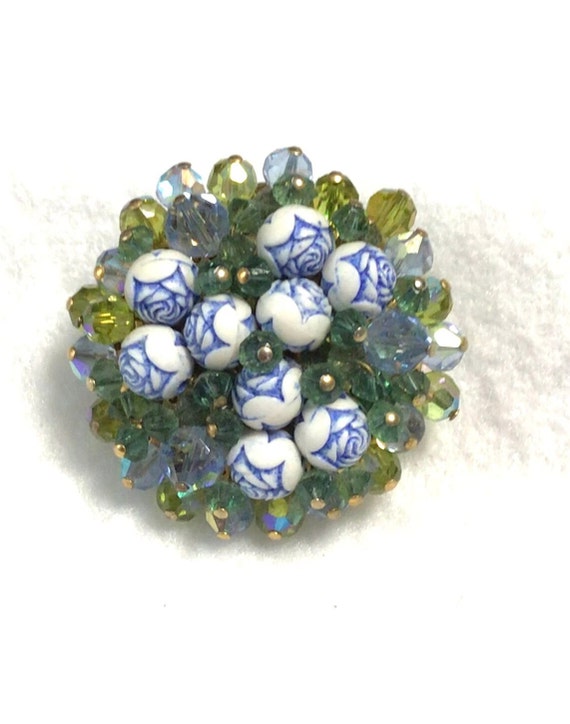 Blue Green Crystal Brooch - image 1