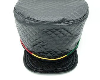 RUFF & TUFF Black Faux leather Rasta Cap, Quilted lining.  Rastafari cap for dreadlocks, with brim